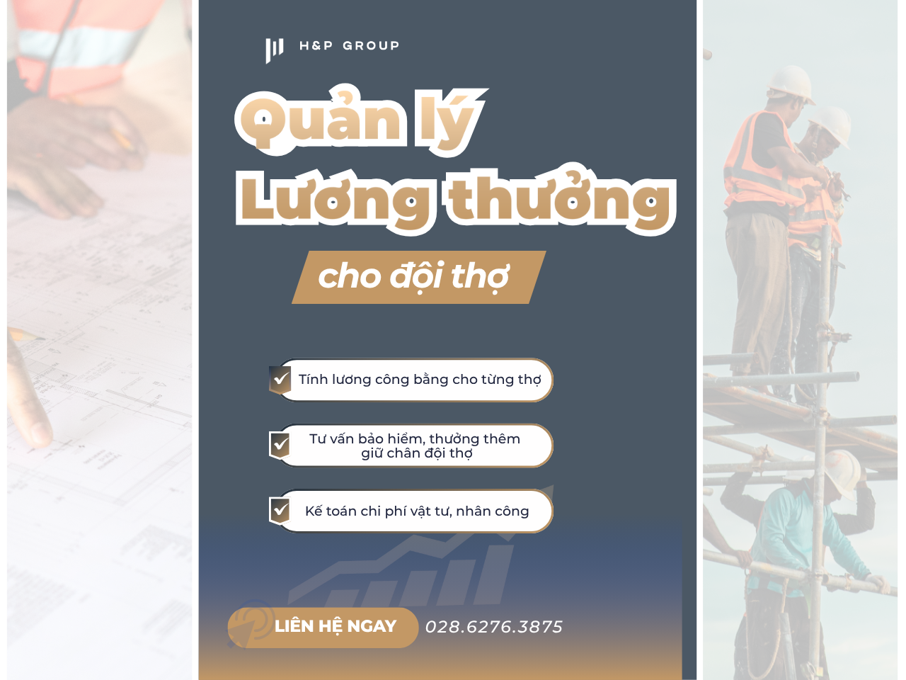 cho tớ đoạn Meta Description và từ khóa chính: Dịch vụ kế toán, thuế và lương thưởng (C&B) cho tổ đội thợ nhận khoán công trình nhỏ
Bạn là tổ đội thợ nhận khoán hoặc cá nhân làm xây dựng? Bạn gặp khó khăn với thuế, hóa đơn VAT, quản lý chi phí hay tính lương thưởng? H&P Group cung cấp dịch vụ kế toán, thuế và C&B chuyên biệt, giúp bạn quản lý tài chính dễ dàng, tập trung vào xây dựng công trình chất lượng.
Tổ đội thợ nhận khoán gặp khó khăn gì?
Các tổ đội thợ nhận khoán công trình nhỏ thường đối mặt:
Không biết cách nộp thuế môn bài, thuế khoán, hay tính doanh thu để đóng thuế đúng luật.
Đối tác lớn yêu cầu xuất hóa đơn VAT, nhưng bạn không biết bắt đầu từ đâu.
Chi phí vật tư (xi măng, gạch, sắt thép) và nhân công không rõ ràng, dễ thất thoát.
Tính lương, thưởng sai sót, thiếu minh bạch, gây mâu thuẫn trong đội thợ.
Dịch vụ kế toán, thuế và C&B của H&P Group có gì đặc biệt?

Kế toán quản lý chi phí hiệu quả

Theo dõi chi tiết chi phí vật tư, nhân công, tránh thất thoát.
Biết chính xác lợi nhuận từ mỗi dự án, từ tiền mua vật liệu đến tiền công thợ.
Cung cấp báo cáo đơn giản, giúp bạn nắm tình hình tài chính mà không cần hiểu sâu về kế toán.

Hỗ trợ thuế 

Hợp pháp hóa hoạt động, tăng uy tín khi làm việc với công ty xây dựng hoặc chủ đầu tư.
Hỗ trợ nộp thuế môn bài, thuế khoán, tránh phạt do sai sót hoặc chậm trễ.
Đáp ứng yêu cầu của đối tác lớn với hóa đơn VAT chuyên nghiệp, giúp bạn dễ dàng hợp tác.

Quản lý lương thưởng (C&B) 

Đảm bảo minh bạch, chính xác, tránh tranh cãi trong đội.
Đề xuất chính sách thưởng công trình, bảo hiểm, nghỉ lễ, thưởng Tết để giữ chân thợ.
Theo dõi tiền công từng thợ, giúp bạn kiểm soát chi phí hiệu quả.
Liên hệ ngay để nhận tư vấn!
Đừng để thuế, hóa đơn hay lương thưởng làm bạn mất thời gian. Hãy để H&P GROUP giúp bạn quản lý tài chính để bạn tập trung xây dựng những công trình chất lượng!
Gọi ngay: 028.6276.38752 / 2Meta Description:

Dịch vụ kế toán, thuế và lương thưởng (C&B)